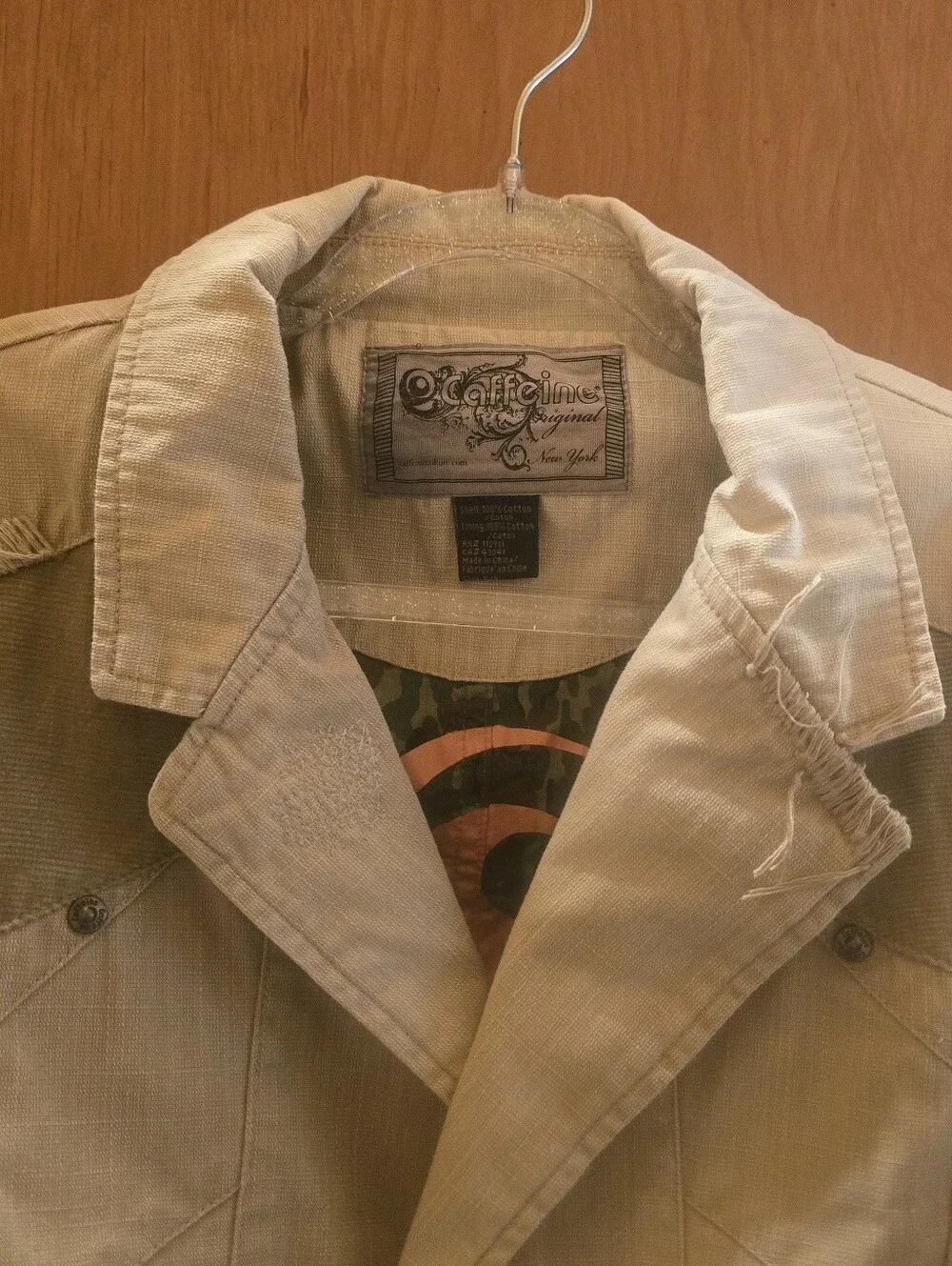 Caffeine Culture VTG Y2K Mens Tan Utility Jacket Blazer Elbow Patch Camo Lined
